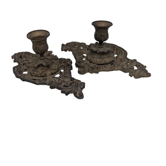 Vintage Ornate Art Nouveau candle holders brass 10" x 6 set of 2 - Picture 3 of 8